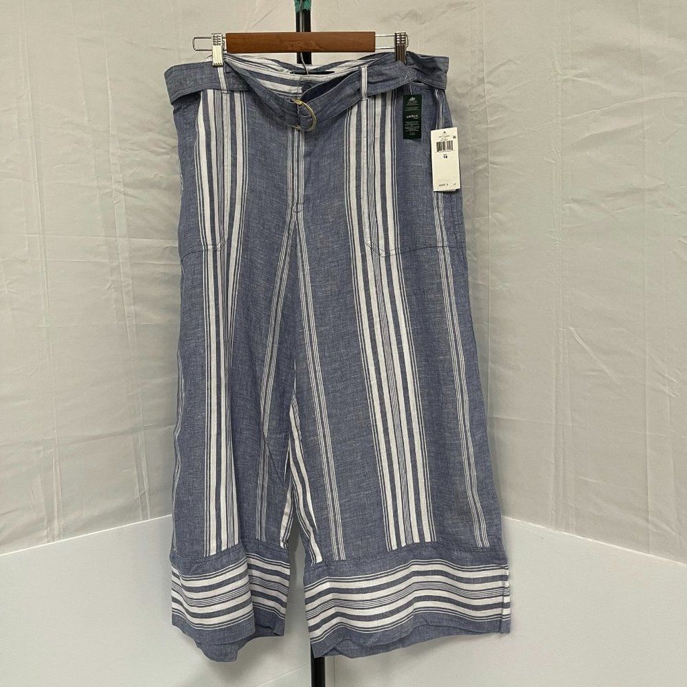 Lauren Ralph Lauren Women Blue/White Stripe Linen Wide Leg Crop Pants